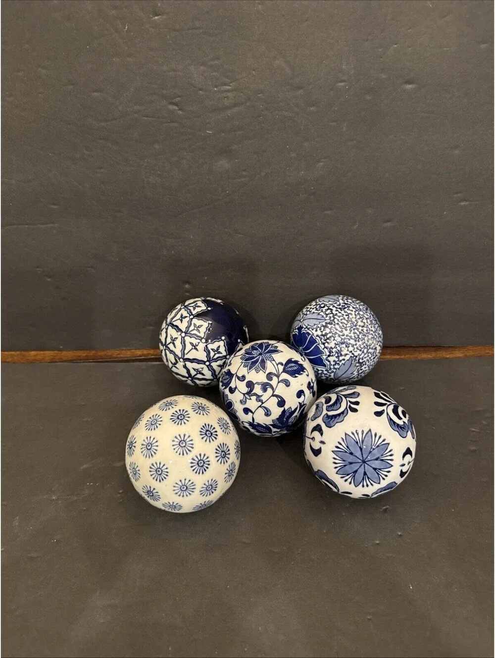 Pier 1 Imports Set of 5 Blue and White Decorative Orbs Balls 3”